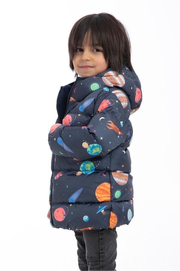 Spor Erkek Spor Çocuk Polarlı Kapüşonlu Gezegen Yıldız Desenli Mont & Kaban & Parka - Image 1