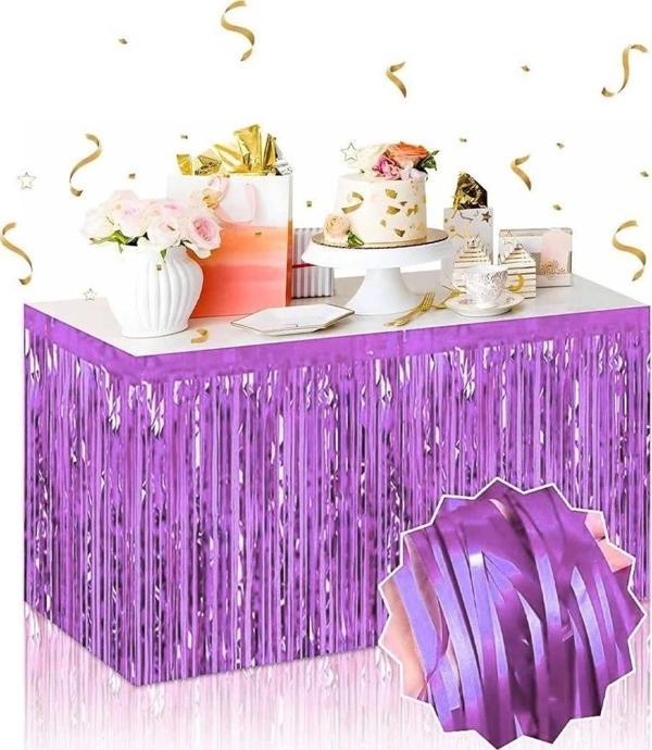 Kendinden Yapışkanlı Mor Metalize Püsküllü Masa Eteği – 75 X 275 Cm Parti Süslemesi - Image 1