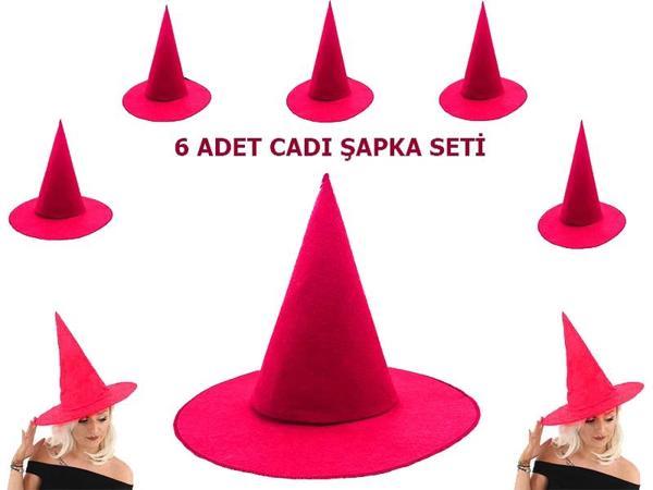 Nessiworld    Pembe Fuşya Renk Keçe Cadı Şapkası Yetişkin Çocuk Uyumlu 6 Adet - Image 1