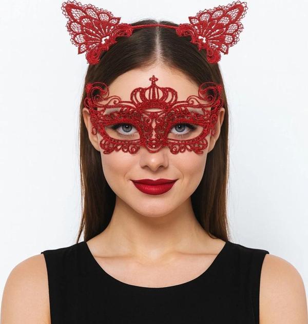 Lüks Kırmızı Dantel Taçlı Maske Seti 2 No - Parti, Balo, Kostüm Aksesuarı - Image 1