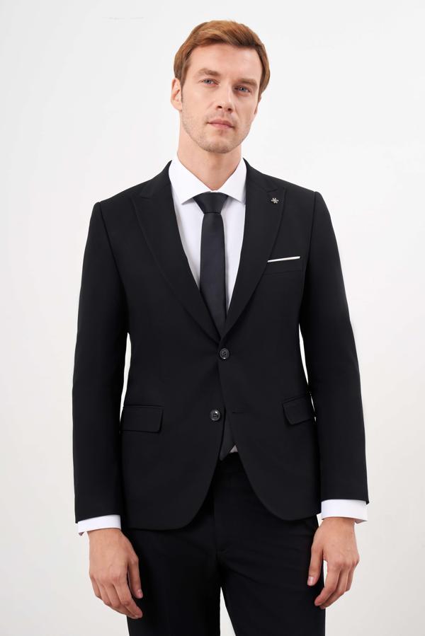  Erkek Siyah Poliviskon Basic Düz Desen Slim Fit  Sivri Yaka Takım Elbise - Image 1