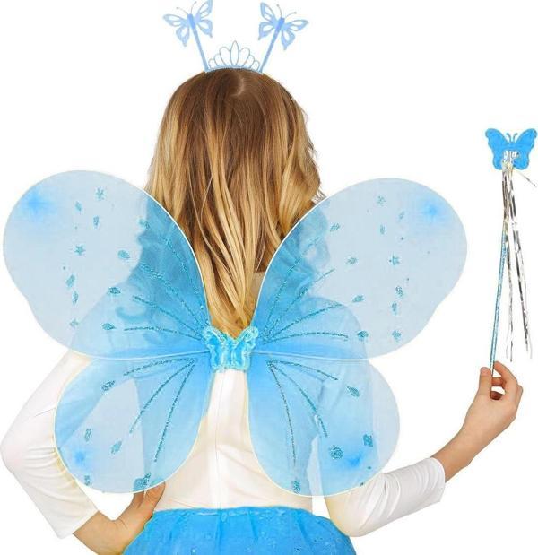 Mavi Kelebek Erkek-kız Seti – 50 Cm Kelebek Kanadı, Taç Ve Asa - Image 1