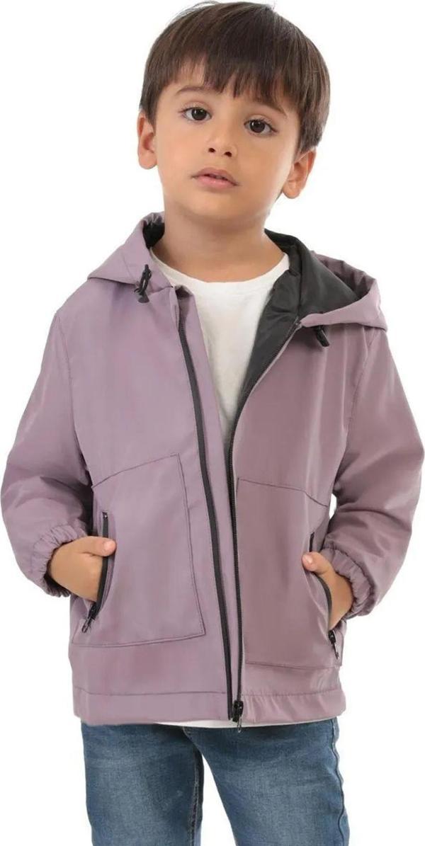 Spor Erkek Çocuk Mürdüm İçi Astarlı Su ve Rüzgar Geçirmez Kapüşonlu Çift Fermuarlı Cepli Yağmurluk - Image 1