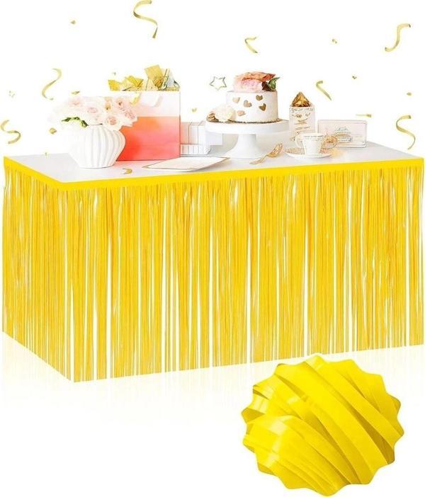 Kendinden Yapışkanlı Makaron Sarı Püsküllü Masa Eteği – 75 X 275 Cm Parti Süslemesi - Image 1