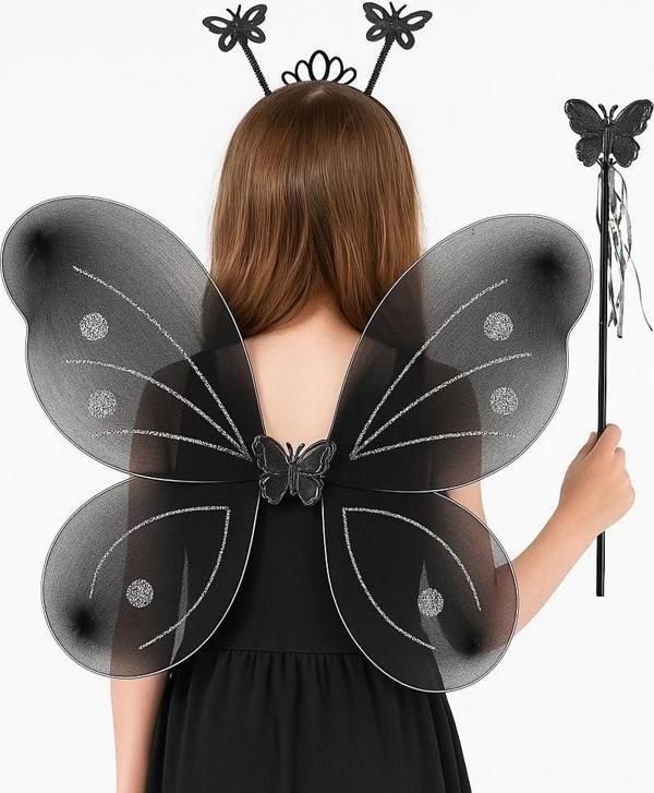 Siyah Kelebek Kız Seti – 50 Cm Kelebek Kanadı, Taç Ve Asa - Image 1