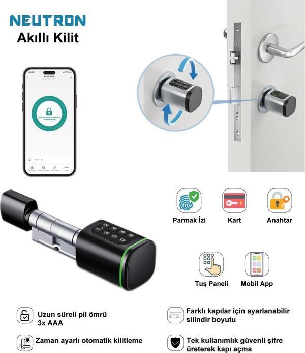Neutron NTL-SC-02FKPB Parmak İzi, Anahtarlı, Tuşlu, Kartlı ve Uzaktan Kontrollü Akıllı Kapı Kilidi - Image 1