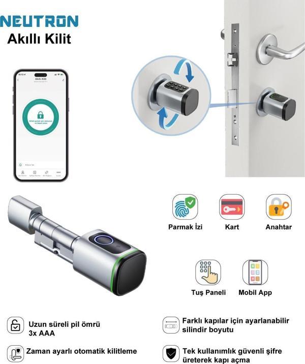 Neutron NTL-SC-02FKPW Parmak izi, Anahtarlı, Tuşlu, Kartlı ve Uzaktan Kontrollü Akıllı Kapı Kilidi - Image 1
