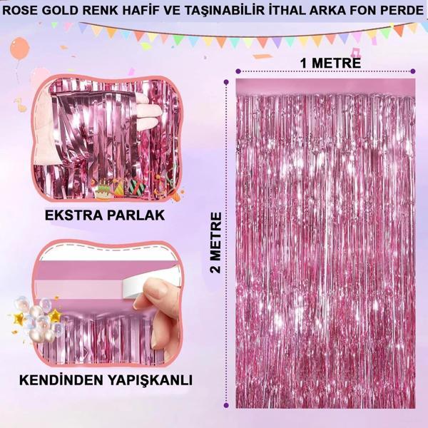 Rose Gold Renk Ekstra Metalize Parlak Saçaklı Arka Fon Perde İthal A Kalite 1x2 Metre - Image 1
