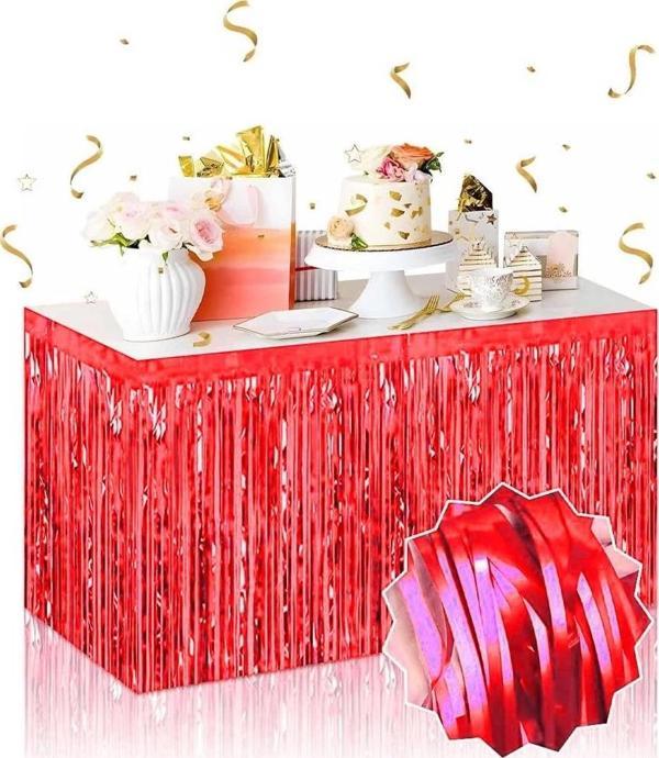 Kendinden Yapışkanlı Kırmızı Metalize Püsküllü Masa Eteği – 75 X 275 Cm Parti Süslemesi - Image 1