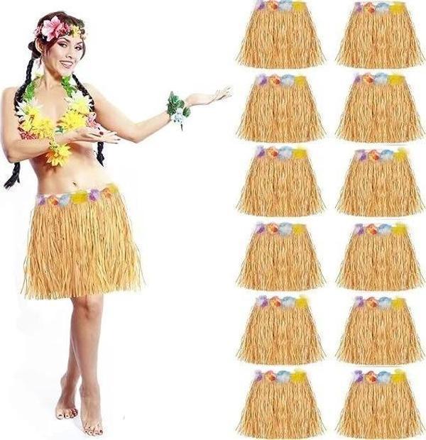 Yetişkin Ve Çocuk Uyumlu Saman Renk Hawaii Luau Hula Etek 40 Cm 12 Adet - Image 1
