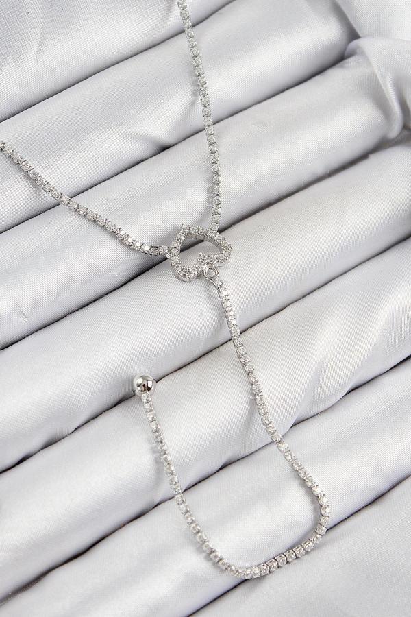 Pirinç Zirkon Taşlı Kalp Model Gümüş Renk  Y Kolye - EBJ250816W37237 - Image 1