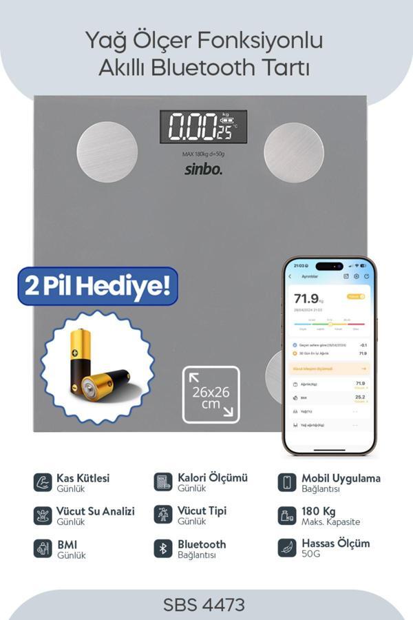 Sinbo SBS-4473 Bluetooth Dijital Yağ Su Kas Vücut Kitle Endeksi Kilo Ölçer Tartı Baskül - Image 1