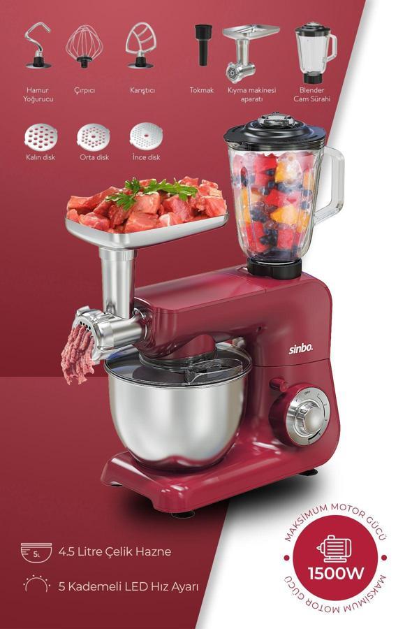 Sinbo SMX-2775 Çok Amaçlı 3ın1 Mutfak Şefi Hamur Yoğurma Kıyma Makinesi Sürahi Blender 1500w Kırmızı - Image 1