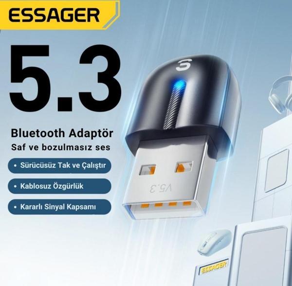 Essager Bluetooth 5.3 sürücüsüz tak-çalıştır Bluetooth Adaptörü, Tv, PC, Kulaklık, Ses Sitemi Uyumlu - Image 1
