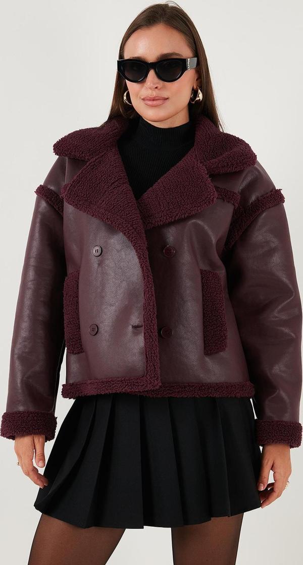 Lela Oversize Kruvaze Yaka Peluş Detaylı Suni Deri Biker Ceket Bayan Mont 6810247 BORDO - Image 1