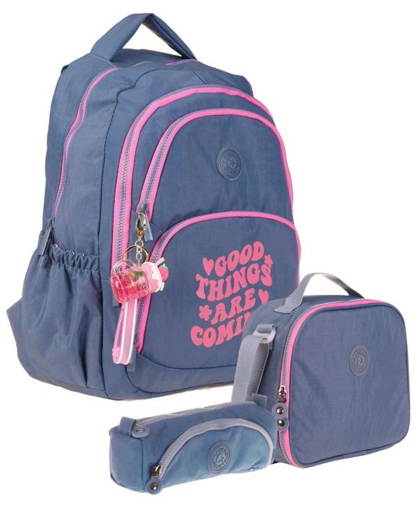 Kaukko Gri Pembe Kız Çocuk Üçlü Okul Çanta Seti - Krinkıl Kumaş - K1687+K9011+K2516 - Image 1