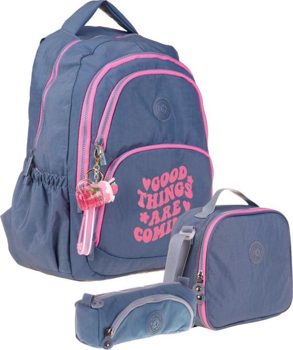 Kaukko Gri Pembe Kız Çocuk Üçlü Okul Çanta Seti - Krinkıl Kumaş - K1687+K9011+K2516 - Image 1