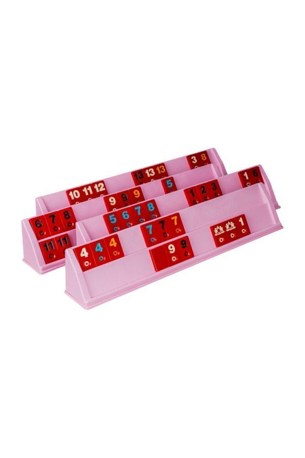 Sera Özel Seri Plastik Pembe Okey Takımı - Özel Kırmızı Renk Melamin Taşlı - Image 1