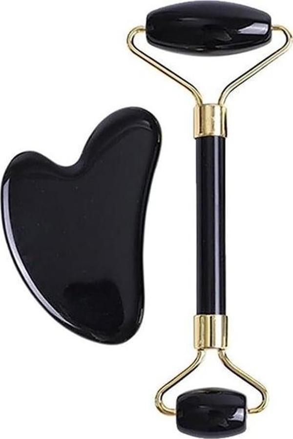 Fontenay Cilt Bakım Seti Doğal Taş, Faceroller ve Siyah Kalp GuaSha Masaj Taşı 2 li - Image 1