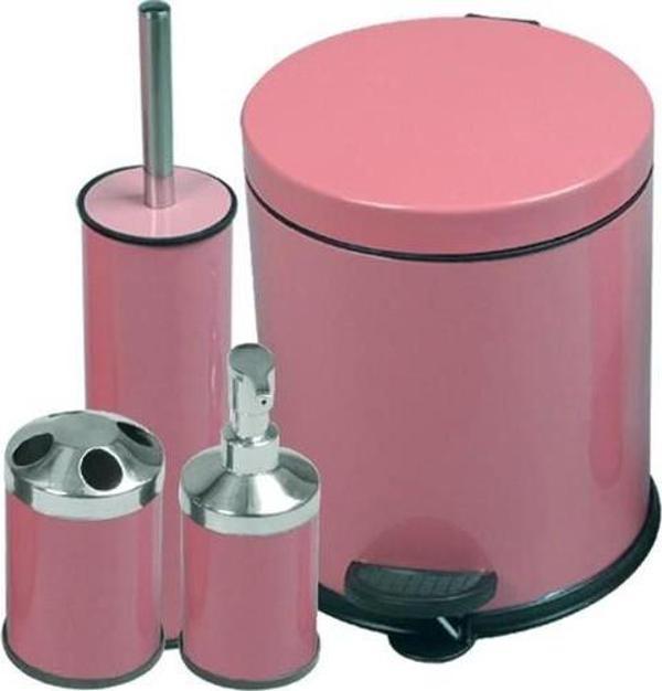 4lü Banyo Takımı Seti Pembe- Klozet Fırçası+5LT Çöp Kovası+Diş Fırçalık+Sıvı Sabunluk - Image 1