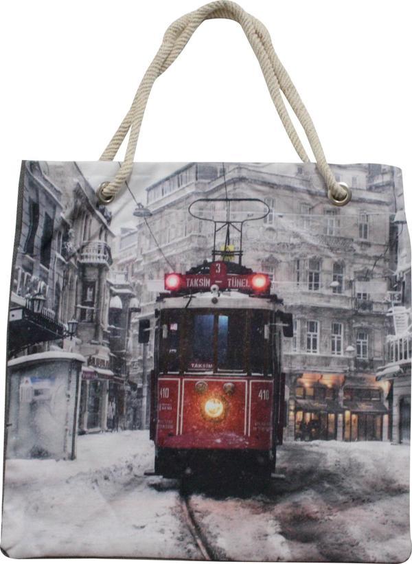 Bez Çanta Plaj Çantası Alışveriş Bez Torbası İpli Dijital Baskı Nostaljik Tramvay Krm55 - Image 1