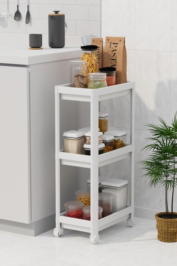 Mithra Life 3 Katlı Hazneli Tekerlekli Beyaz Mutfak Banyo Rafı PG MIT1214 - Image 1