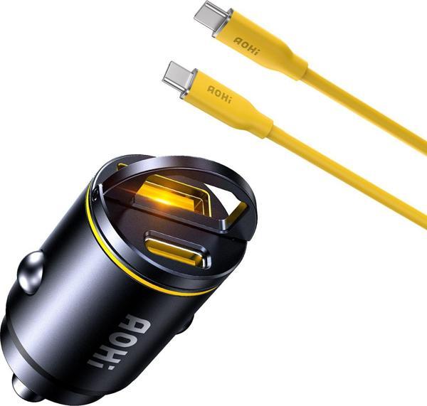 Aohi Araç İçi 2 Portlu 45W Şarj Cihazı, 140W 1m PD 3.1 480Mbps Süper Hızlı Şarj/Data Kablosu Seti - Image 1