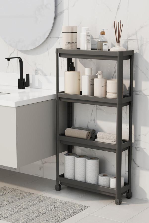 Mithra Life 4 Katlı Tekerlekli Slim İnce Siyah Banyo Mutfak Rafı MIT1201 - Image 1