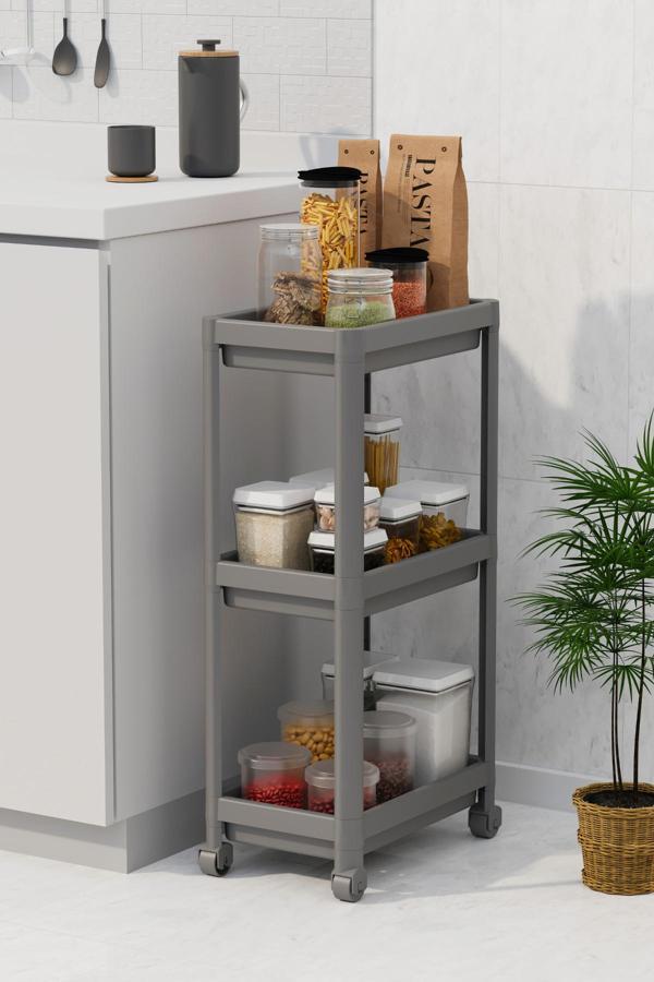 Mithra Life 3 Katlı Hazneli Tekerlekli Gri Mutfak Banyo Rafı PG MIT1216 - Image 1