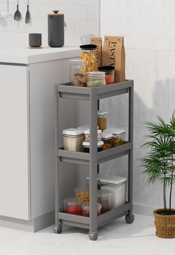 Mithra Life 3 Katlı Hazneli Tekerlekli Gri Mutfak Banyo Rafı PG MIT1216 - Image 1