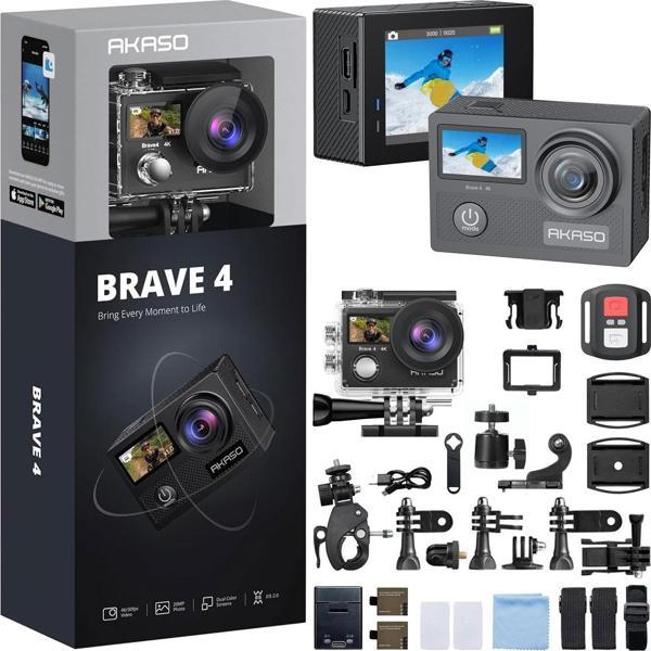 Akaso Brave 4 4K/30FPS 20MP Wi-Fi Dual Screen Aksiyon Kamera ve Aksesuar Seti, Su Geçirmez Kılıf, Ap - Image 1