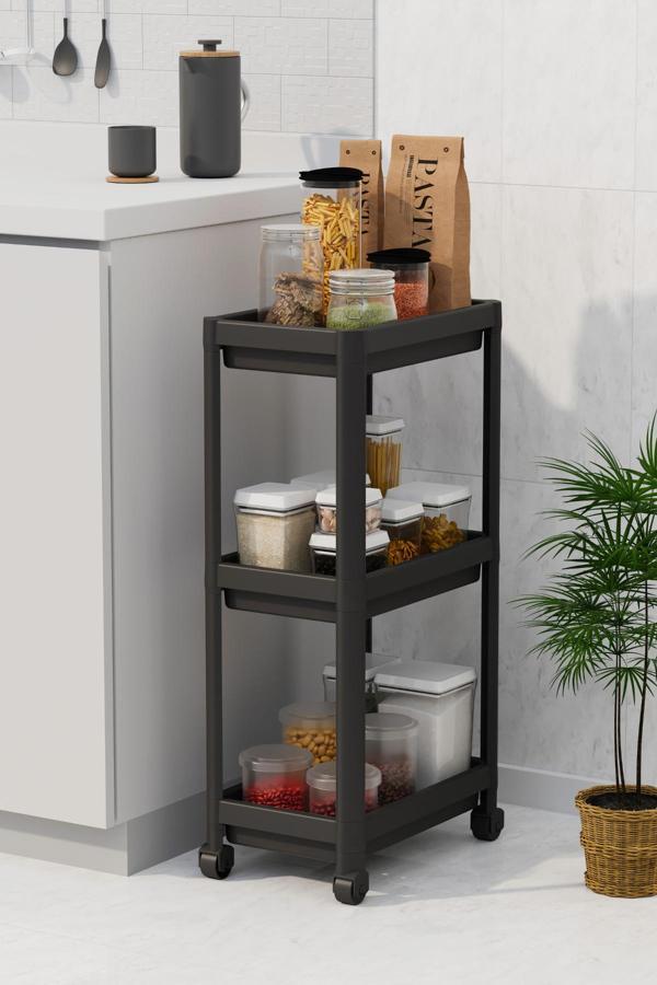 Mithra Life 3 Katlı Hazneli Tekerlekli Siyah Mutfak Banyo Rafı PG MIT1215 - Image 1