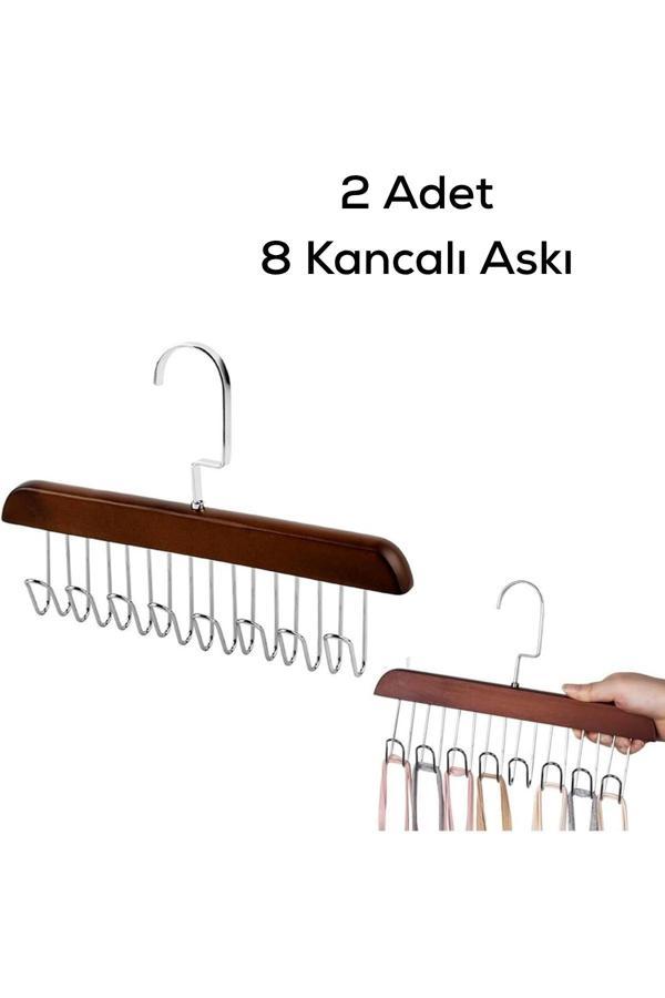 Mithra Life 2 Adet 8 Kancalı Kahverengi Ahşap Elbise Eşarp Kravat Kemer Çanta Askısı MIT1220 - Image 1