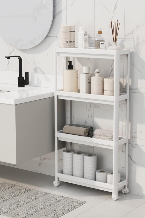 Mithra Life 4 Katlı Tekerlekli Slim İnce Beyaz Banyo Mutfak Rafı MIT1200 - Image 1
