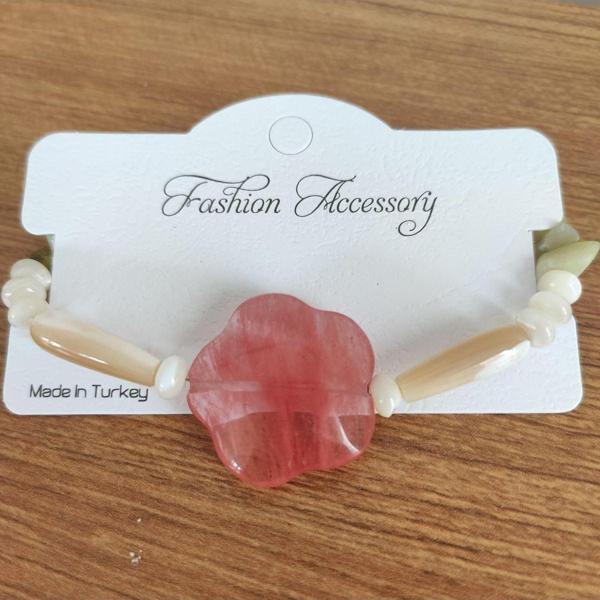 Pembe Kuvars Gül Taşı & Sedef Yan Taşlı El Yapımı Bileklik - 6992 - Image 1