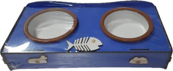Petmamacı Patte Balıklı Güveç Kaseli Ahşap İkili Mama Standı 36*15*6 Cm MAVİ - Image 1