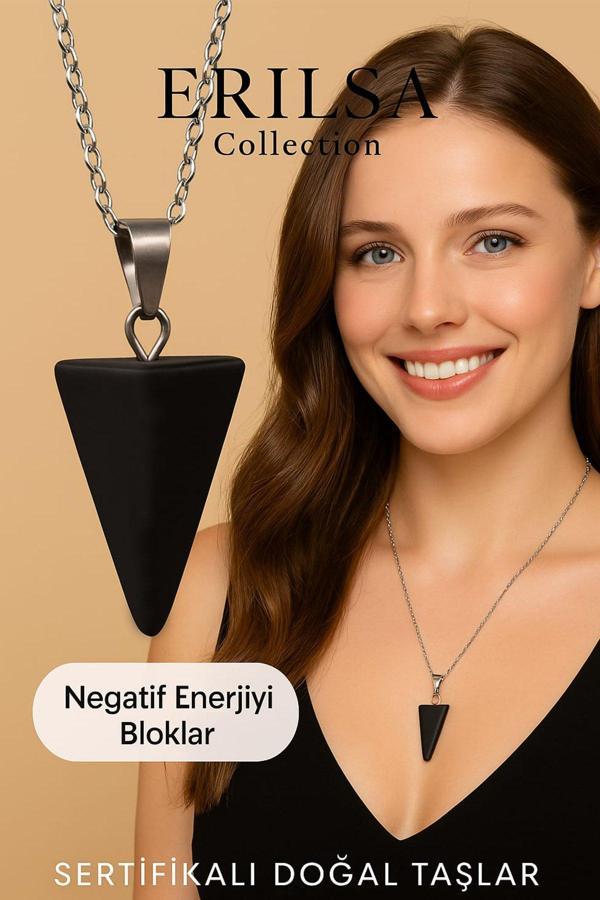 Sertifikalı Üçgen Piramit Model Şungit Doğal Taş Kolye - Negatif Enerji Bloklayan Koruyucu Taş - Image 1