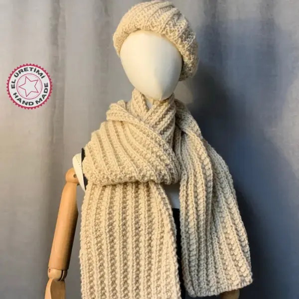 Uretti - Emine 9106 - 1712 El Örgüsü Bere Ve Kaşkol Takımı - Bej - Image 1