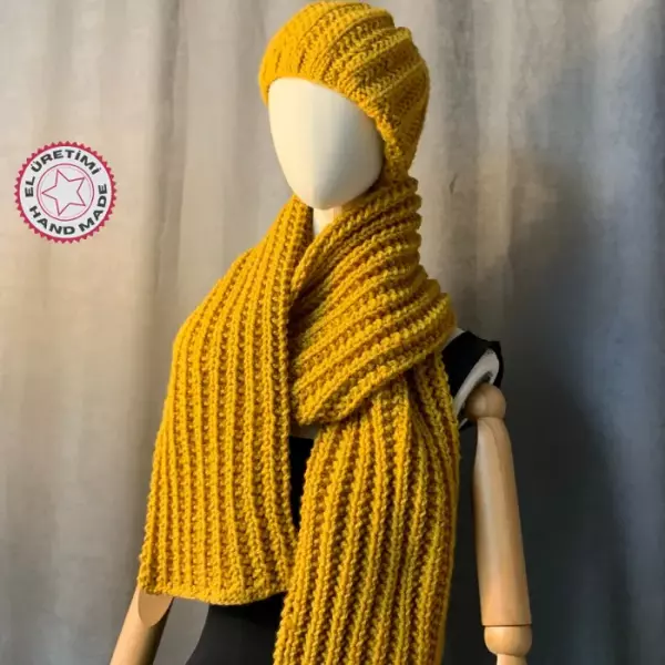 Uretti - Emine 9106  El Örgüsü Bere Ve Kaşkol Takımı - Hardal Rengi - Image 1