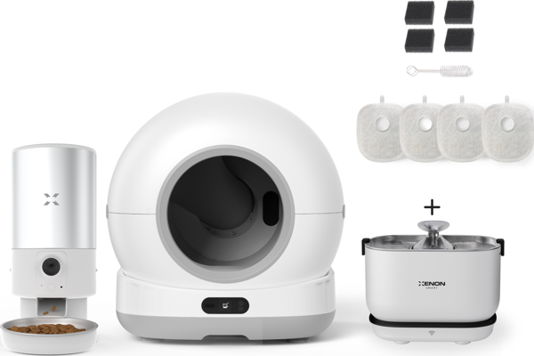 Xenon Smart Akıllı Otomatik Kamerasız Kedi Tuvaleti Paslanmaz Çelik Kaseli 5LT Mama Kabı Akıllı Bataryalı Su Pınarı ve Filtre 4'lü Pet Seti - Image 1