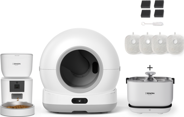 Xenon Smart Akıllı Otomatik Kamerasız Kedi Tuvaleti Paslanmaz Çelik Kaseli 4LT Mama Kabı Akıllı Bataryalı Su Pınarı ve Filtre 4'lü Pet Seti - Image 1