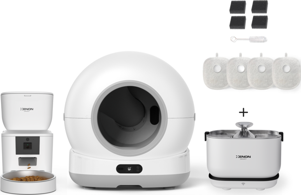 Xenon Smart Akıllı Otomatik Kameralı Kedi Tuvaleti Paslanmaz Çelik Kaseli 4LT Mama Kabı Akıllı Bataryalı Su Pınarı ve Filtre 4'lü Pet Seti - Image 1