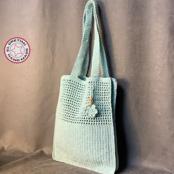 Uretti - Emine 9106 El Örgüsü Çiçek Motifli Kol Çantası - Bebe Mavisi - Image 1