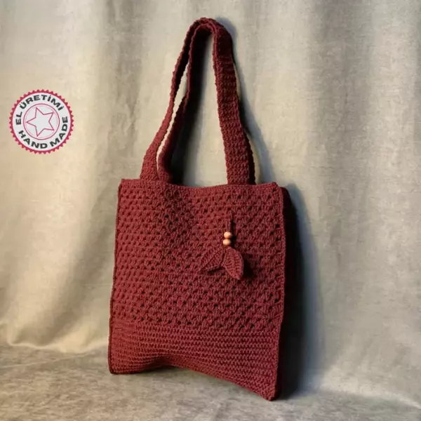 Uretti - Emine 9106 El Örgüsü Yaprak Motifli Kol Çantası - Bordo - Image 1