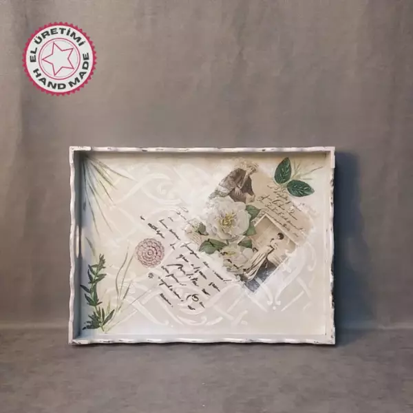 Uretti - Gülnur 8452 2485 El Yapımı Sunumluk Dekoratif Ahşap Tepsi - Gri - Image 1