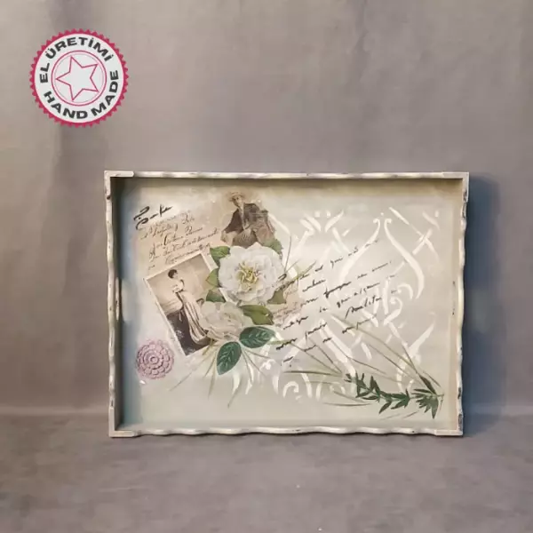 Uretti - Gülnur 8452 4699 El Yapımı Sunumluk Dekoratif Ahşap Tepsi - Yeşil - Image 1