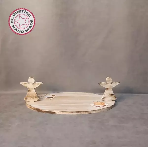 Uretti - Gülnur 8452 9418 El Yapımı Melek Kulplu Ahşap Tepsi - Image 1