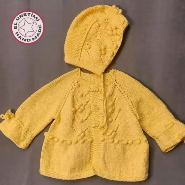 Uretti - Talia 8659 1599 El Örgüsü Kız Çocuk Sarı Hırka ve Şapka Takım - 2 Yaş - Image 1