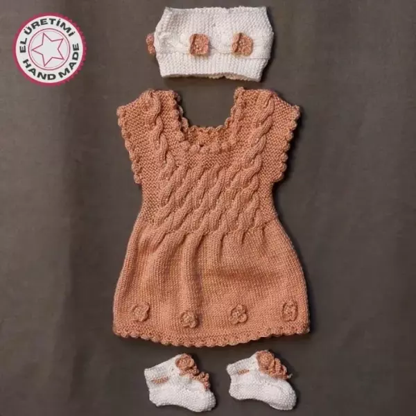 Uretti - Talia 8659 5678 El Örgüsü Kız Çocuk Elbise - Bandana - Patik Üçlü Takım - 6 / 9 Ay - Image 1