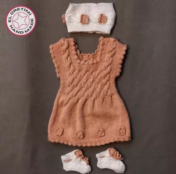 Uretti - Talia 8659 5678 El Örgüsü Kız Çocuk Elbise - Bandana - Patik Üçlü Takım - 6 / 9 Ay - Image 1